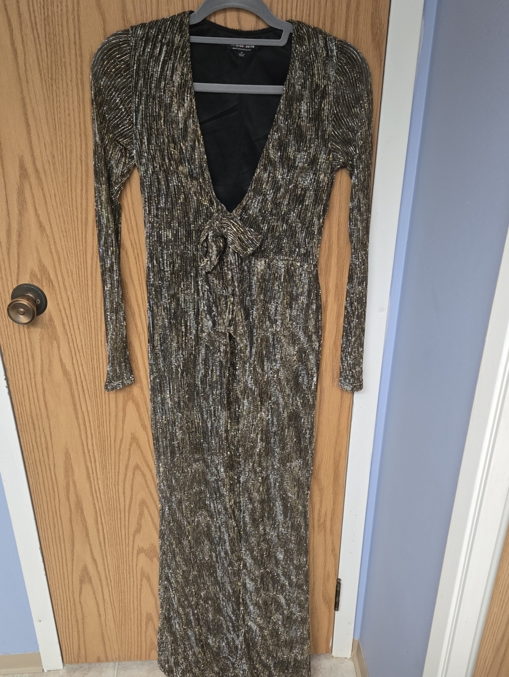 Fashion Nova Metallic Gold and Black Long-Sleeve Tie-Front Maxi Dress